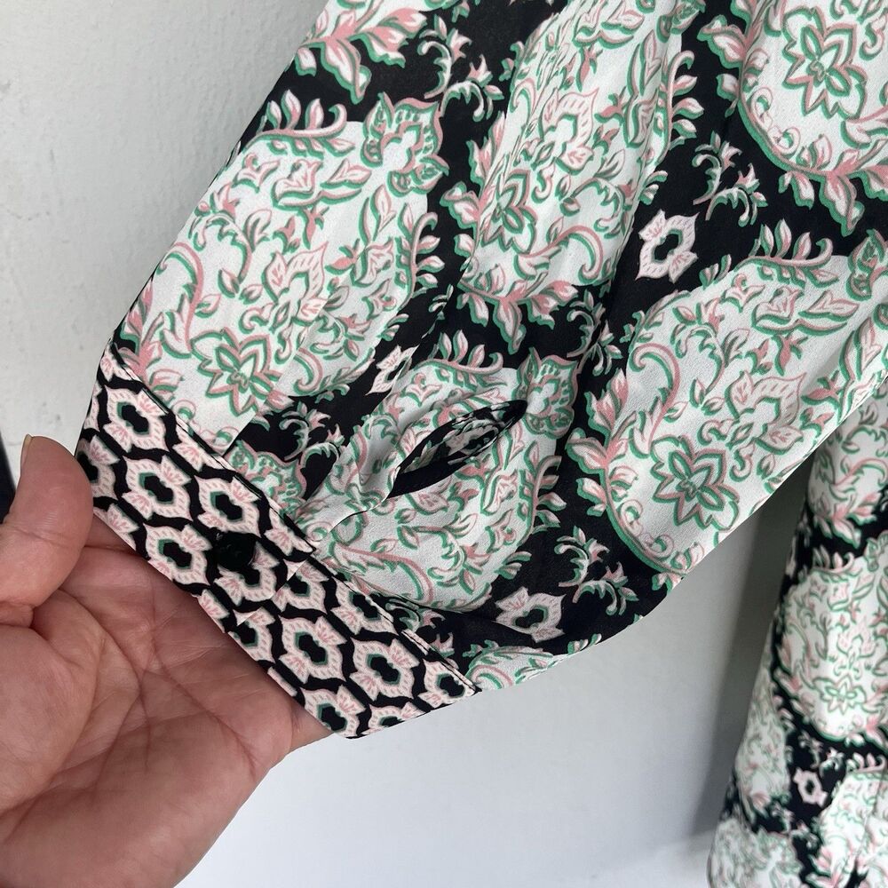 Rose + Olive Blouse 3x Black Green Floral Split Neck Boho Peasant Popover Top - Picture 10 of 15